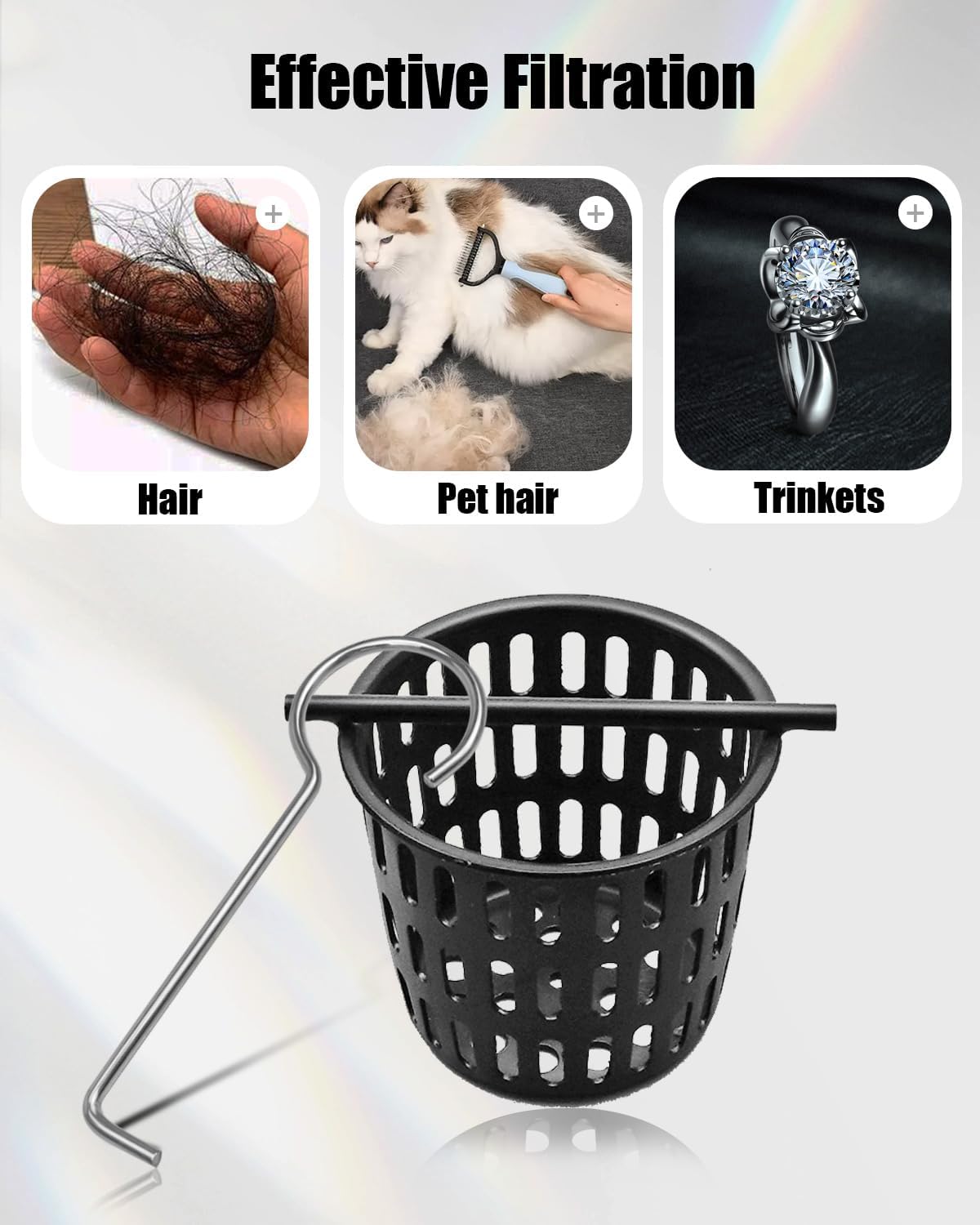 2 Pcs 2 Inch Hair and Debris Strainer, Black Coating Shower Drain Strainer with Lifting Hook, Stainless Steel Debris Basket Shower Catcher for Square/Floor Drain