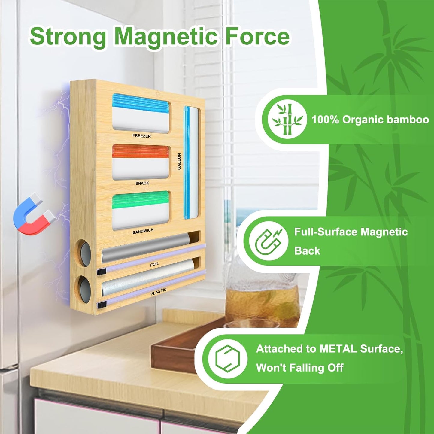 MSJGA Magnetic Plastic Wrap Dispenser with Cutter for Drawer&Refrigerator | 3 in 1 Fridge Bamboo Organizer for Tin Foil, Baking Paper, Wax Paper Holder Kitchen Storage Box Compatible,13" x 8.2" x 2.7"