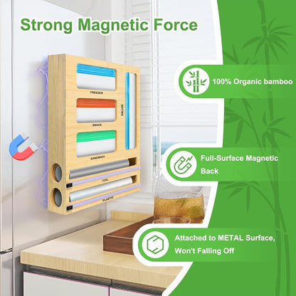 MSJGA Magnetic Plastic Wrap Dispenser with Cutter for Drawer&Refrigerator | 3 in 1 Fridge Bamboo Organizer for Tin Foil, Baking Paper, Wax Paper Holder Kitchen Storage Box Compatible,13" x 8.2" x 2.7"