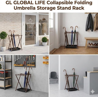 Folding Umbrella Storage Stand Rack Holder Organizer Bin for Entryway Home Commercial Office Décor with Drip Tray