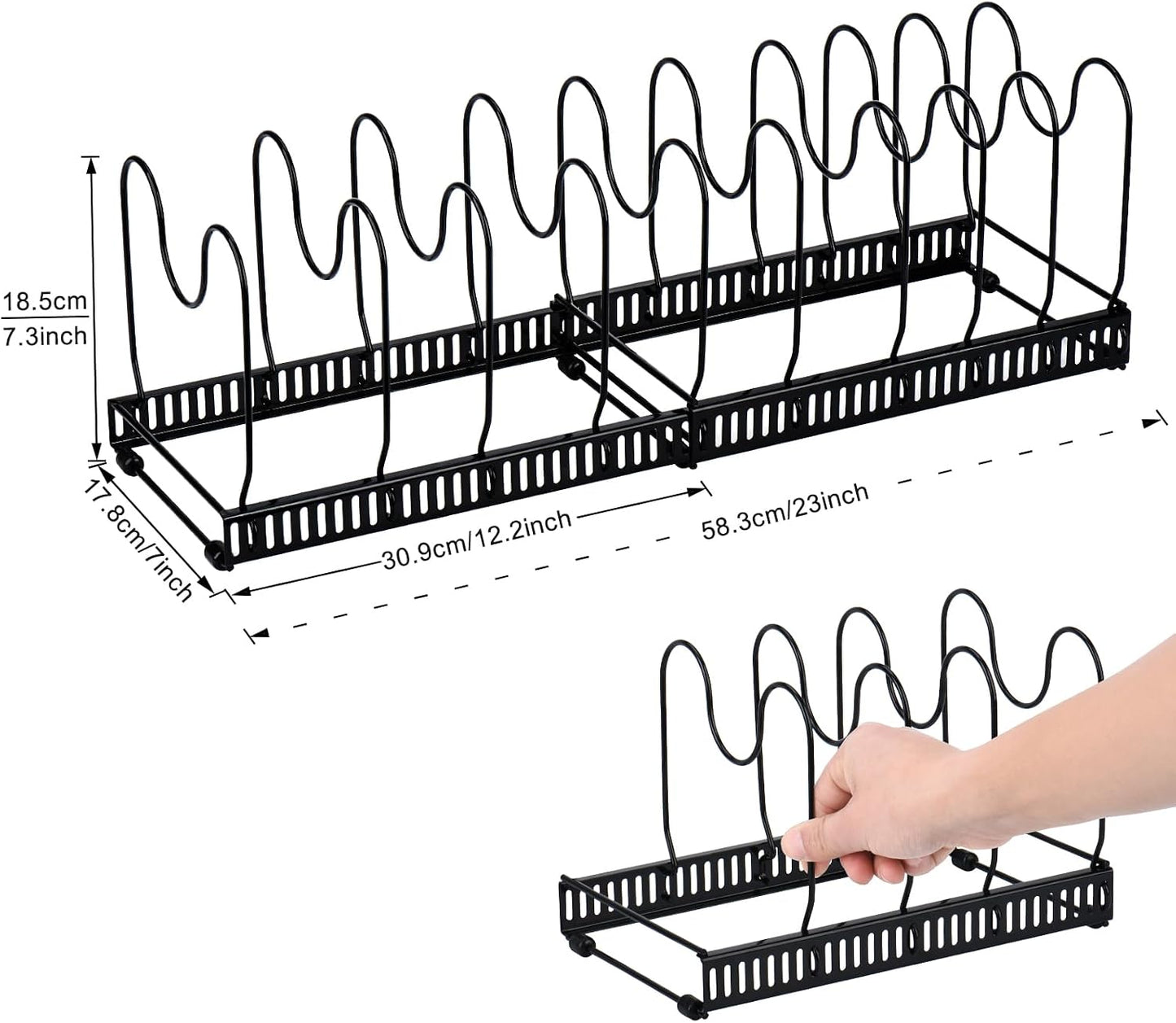 Toplife Pot Lids Organizer Rack for Cabinet and Countertop, 7+ Pan Lids and Bakeware Organizer Rack Holder with 7 Adjustable Compartments - Black