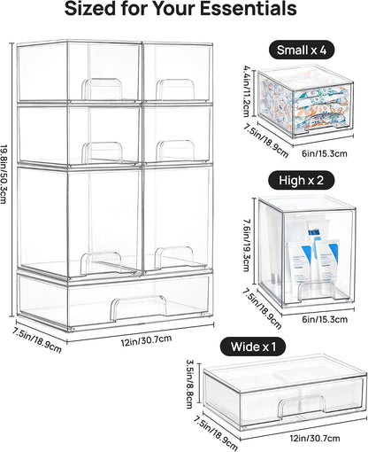 Vtopmart Clear Stackable Storage Drawers Set of 6, Plastic Organizer Bins | Multi-purpose Boxes for Bathroom Accessories Storage, Ideal for Cabinet, Shelf, Pantry, Laundry Room Organization