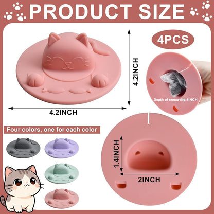 Enenes 4 Pack Silicone Tea Bag Holder and Squeezer, 4 Inch Cat-Shaped Cup Lid Cover for Tea Bags, Reusable Dishwasher Safe Mug Cover for Tea Cups and Coffee Mugs