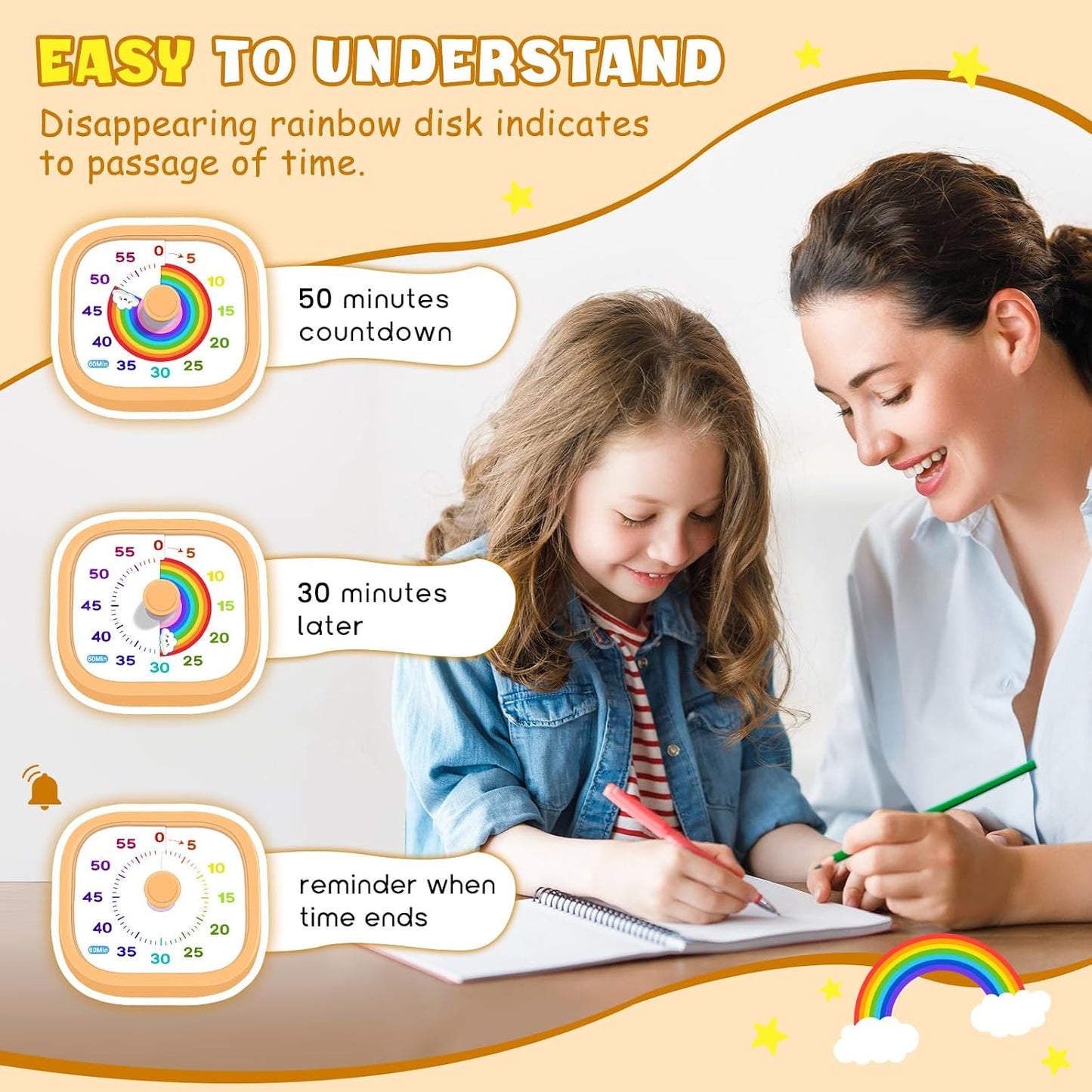 HIPPIH Visual Timer for Kids - 60 Minute Pomodoro Timers for Classroom Kitchen Office, Countdown Kids Timer Clock with Rainbow Disk, Desk Time Management Tool for Toddler with Silent Operation, Blue