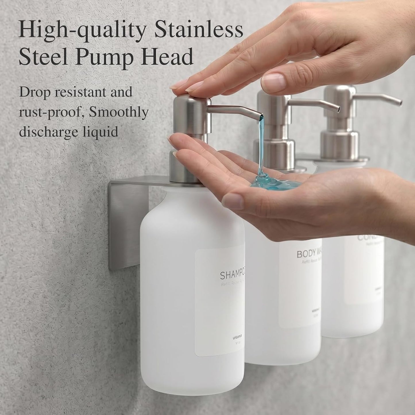 Shampoo and Conditioner Dispenser Wall Mounted Set of 3 - Shampoo Conditioner Body Wash Dispenser No Drill - White Shower Bottles Refillable with Labels and Stainless Steel Pumps 500ML/16.9oz