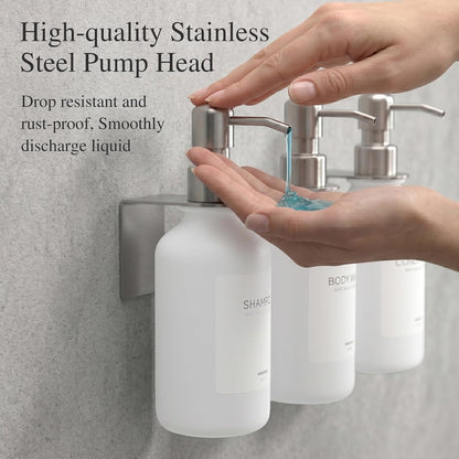 Shampoo and Conditioner Dispenser Wall Mounted Set of 3 - Shampoo Conditioner Body Wash Dispenser No Drill - White Shower Bottles Refillable with Labels and Stainless Steel Pumps 500ML/16.9oz