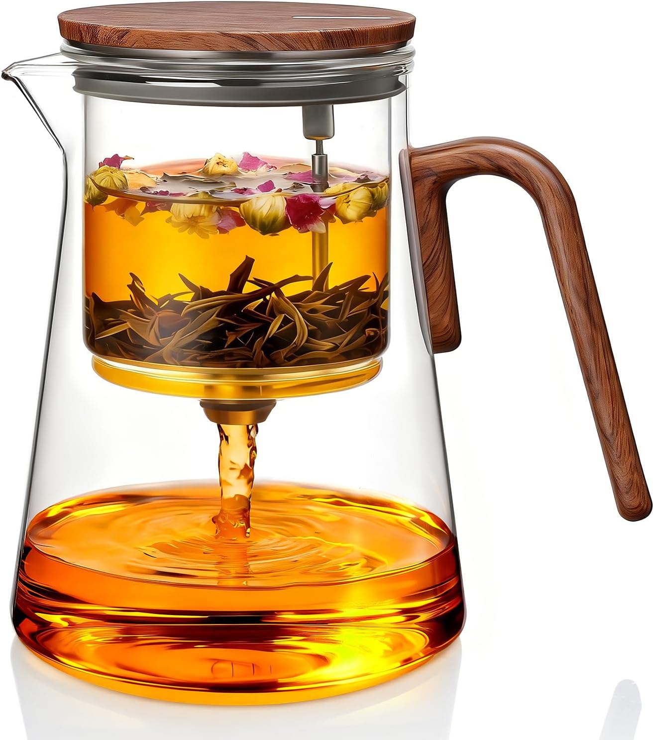 ZENS Magnetic Glass Infuser Teapot for Loose Tea, 27oz Walnut Wood Handle | Magic Teapot with Infuser, Echanted Tea Maker, Mess-Free Loose Leaf Tea Diffusers for Tea lover Gifts