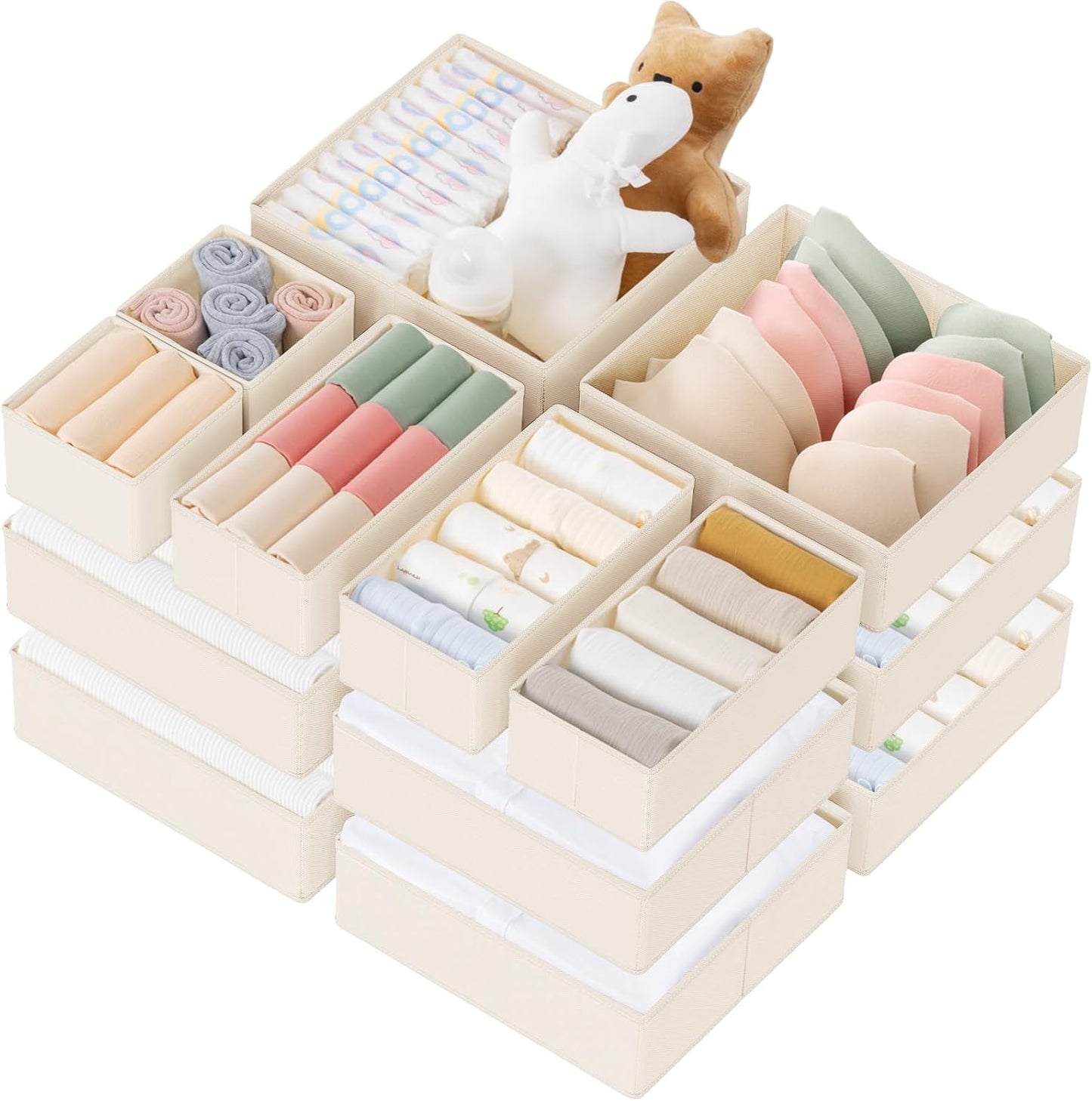 Drawer Organizer Clothes, 10 Pack Dresser Organizer for Baby Clothes, Underwear, Sock- Foldable Closet Organization and Storage Dividers Bins for Nursery, Bedroom (Beige)
