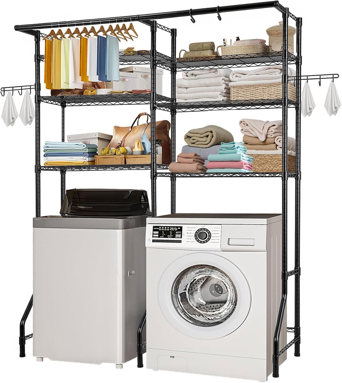 VEVOR Over the Washer and Dryer Storage Shelf, 5 Tier Laundry Room Drying Rack with Hanger Rod and Hooks, Adjustable Over Washer and Dryer Shelves, Laundry Room Shelf Storage Space Saver, White