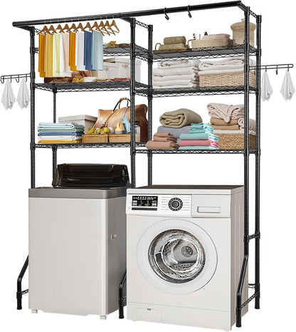 VEVOR Over the Washer and Dryer Storage Shelf, 5 Tier Laundry Room Drying Rack with Hanger Rod and Hooks, Adjustable Over Washer and Dryer Shelves, Laundry Room Shelf Storage Space Saver, White