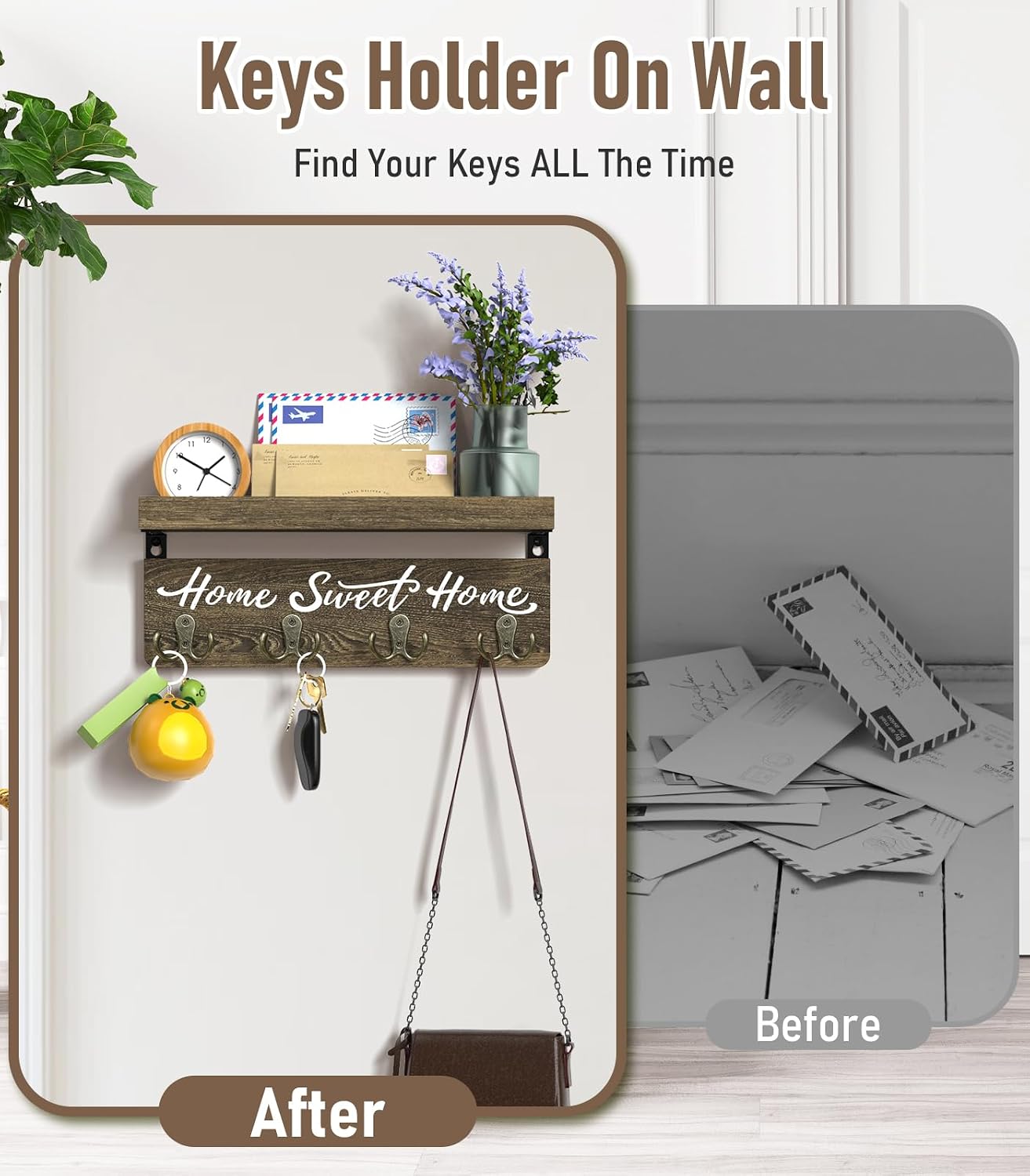 buways Key Holder Wall Mount with 8 Hooks and Cozy Home Sign (Gray) | Solid Wood, Floating Shelf for Keys, Mail, and Daily Essentials in Entryways, Hallways or Home Decor
