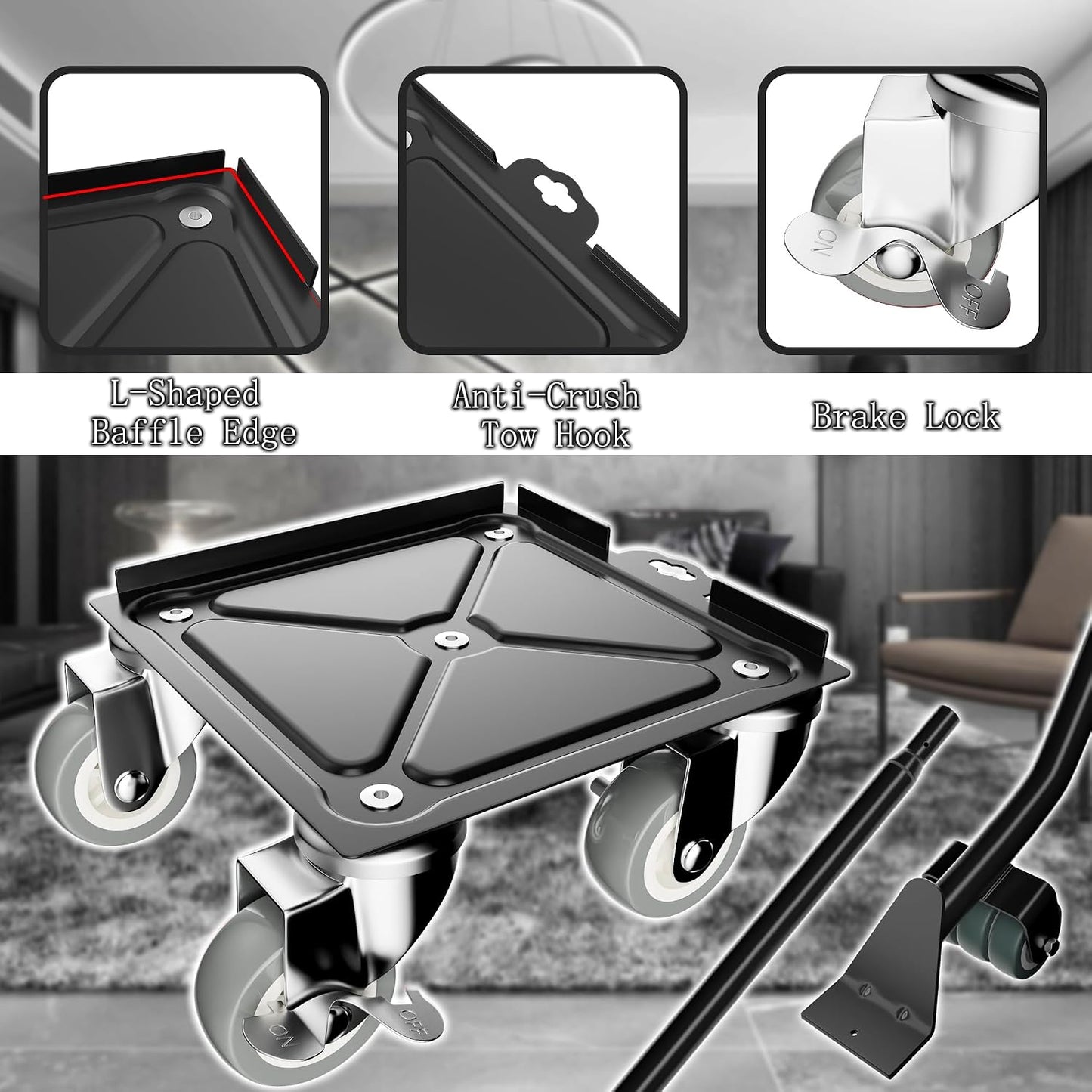 1,500 lb Capacity Furniture Dolly Set, 5.3-Inch Platforms, Red | Carbon Steel Dollies Feature Five Quiet Wheels, Including Locking Casters, Plus a Pry Bar for Washers, Sofas and Cabinets.