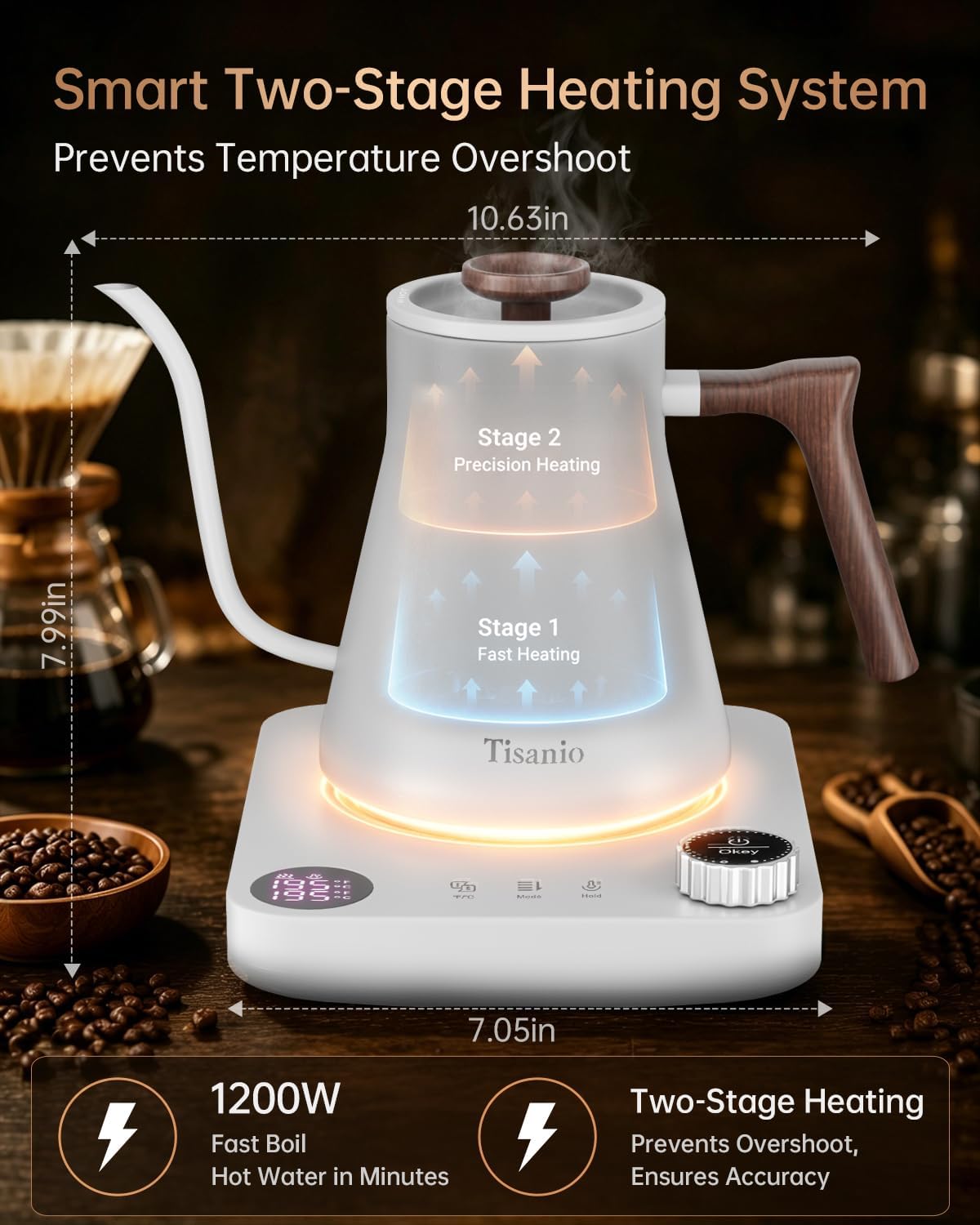 Gooseneck Electric Kettle with Temperature Control, 0.9L, Black | ±1°F Precision Pour Over Kettle, LCD Dual Display, Smart Two-Stage Heating, 2H Keep Warm, 304 Stainless Steel Interior