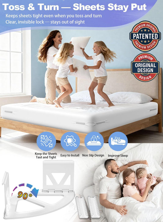 Bed Sheet Holders for Corners, 4PCS Heavy Duty Sheet Locks for Fitted Sheets, Invisible Non-Slip Locking Clips & Corner Grippers to Keep Sheets Firm & Tight, Easy Install, Universal Fit