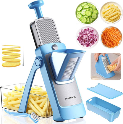 Jonscook All-in-1 Safe Mandoline Slicer for Kitchen, Vegetable Slicer with Container, Adjustable Veggie Mandoline, French Fry Cutter, Potato/Tomato/Onion Slicer, Grater/Cleaning Brush (Black Knight)