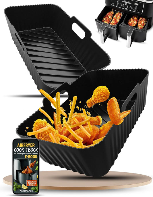 Silicone Air Fryer Liners 2 Pack for Ninja Dual Zone AF400UK AF451UK AF300UK 7.6–9.5L Foodi MAX, Compatible with Tower T17088, Keplin, EMtronics Reusable Non-Stick Dishwasher Safe Accessories