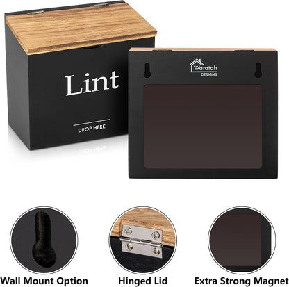 Magnetic Lint Bin for Laundry Room, Compact Size | Wooden Dryer Lint Bin with Lid - Rustic Lint Box, Magnetic Bin - Modern Farmhouse Laundry Room Decor, Black with Torched Lid