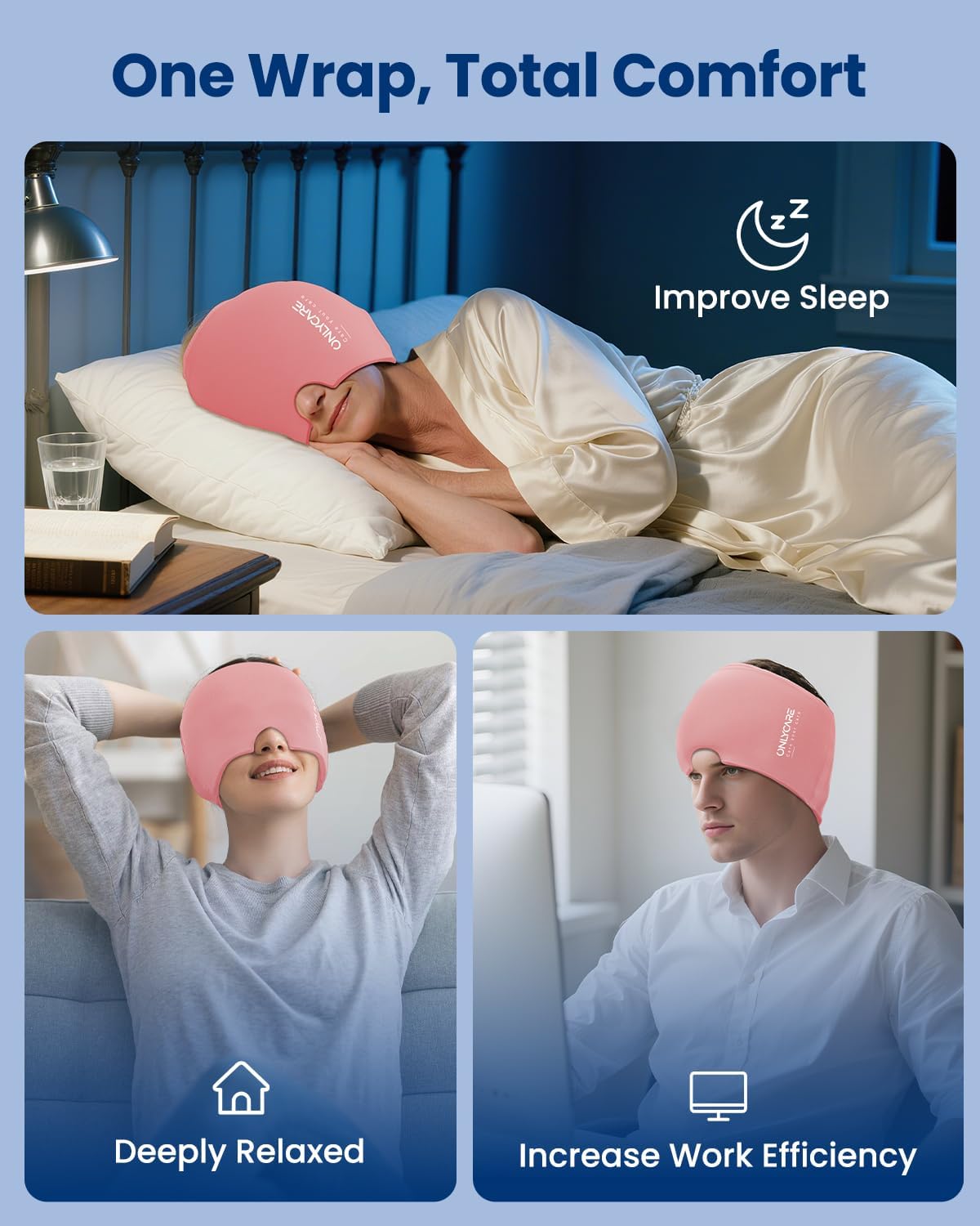 ONLYCARE Migraine Relief Cap, Headache Relief Cold Cap with Odorless Gel | Cooling Hat Head Wrap Soothing Face Ice Pack Mask Products for Tension Stress Hangover & Puffy Eyes, Relaxing Gifts for Women