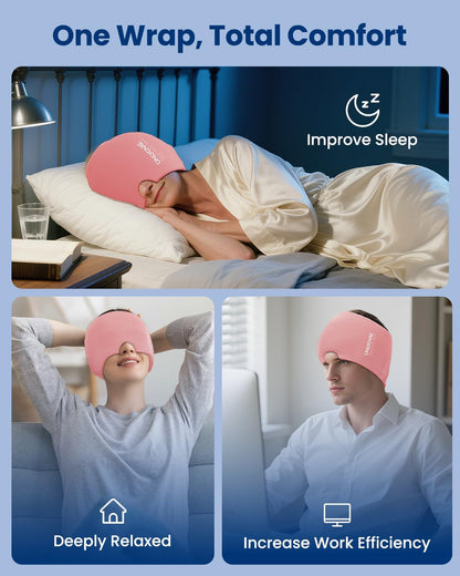 ONLYCARE Migraine Relief Cap, Headache Relief Cold Cap with Odorless Gel | Cooling Hat Head Wrap Soothing Face Ice Pack Mask Products for Tension Stress Hangover & Puffy Eyes, Relaxing Gifts for Women