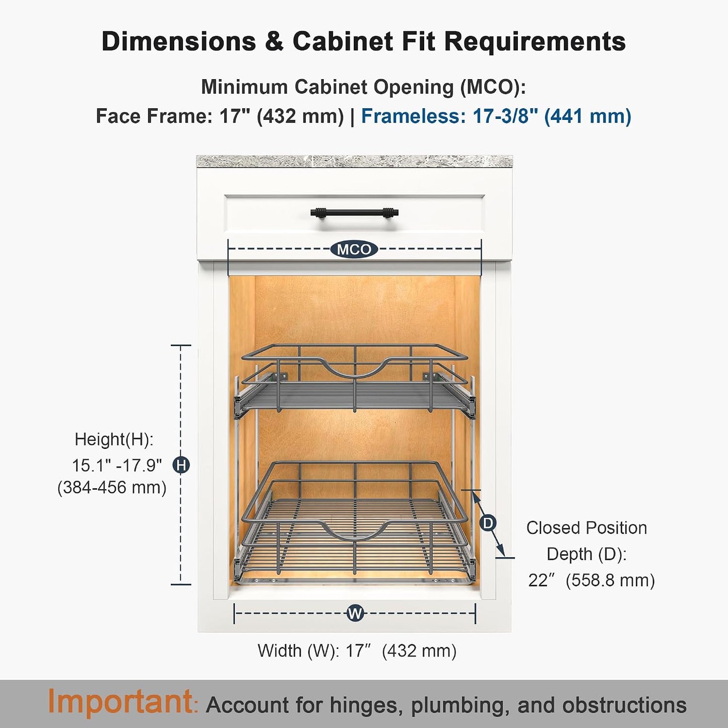 2 Tier Pull Out Cabinet Organizer - 20" W x 22" D Soft Close Slide Out Shelves with Shelf Liners - Pullout Drawers for Kitchen Cabinets, Pantry, Bathroom, Heavy Duty Steel Wire Baskets