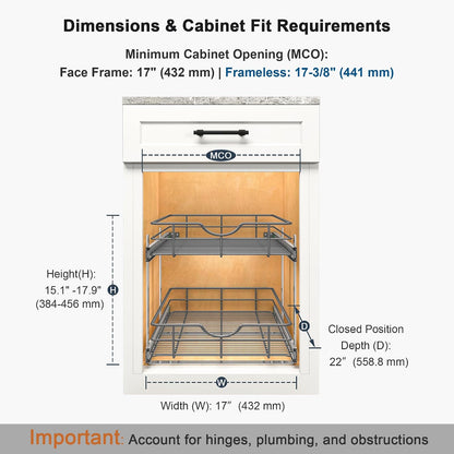 2 Tier Pull Out Cabinet Organizer - 20" W x 22" D Soft Close Slide Out Shelves with Shelf Liners - Pullout Drawers for Kitchen Cabinets, Pantry, Bathroom, Heavy Duty Steel Wire Baskets
