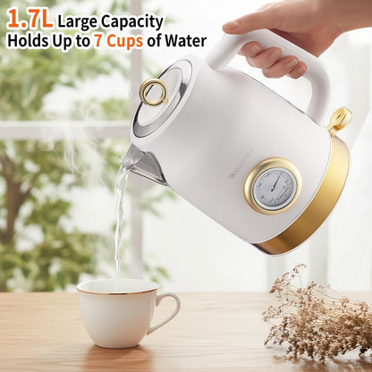 Retro Electric Tea Kettle, 1.7L, Matte White and Gold | 304 Stainless Steel, 1500W Fast Boiling, Auto Shut-Off, Boil-Dry Protection, BPA-Free, Thermometer, Retro Kitchen Appliances