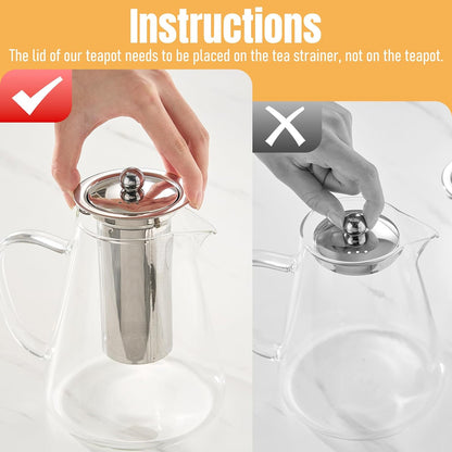 Baalaka Glass Teapot 18.6oz/550ml, Tea Pot with Removable Infusers for Loose Tea, Borosilicate Glass Tea Kettle Tea Maker Stovetop for Camping, Tea Infuser for Loose Leaf Tea Travel | Borosilicate glass tea kettle with infuser; steel strainer for loose