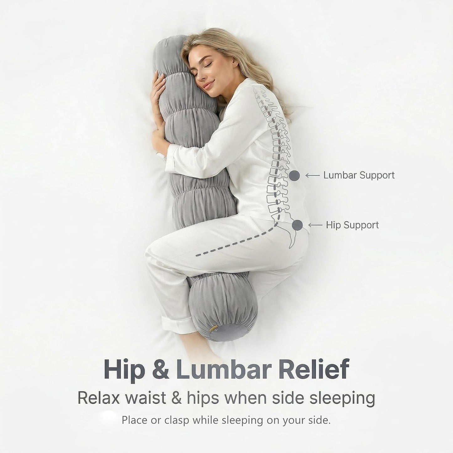 Pat. Pend. Long Bolster Pillow for Bed, Small Body Pillow for Adults, Soft Velvet Washable Cover, Cylinder Pillow for Side Sleepers and Leg Support(Misty White, 39"x 7.87")