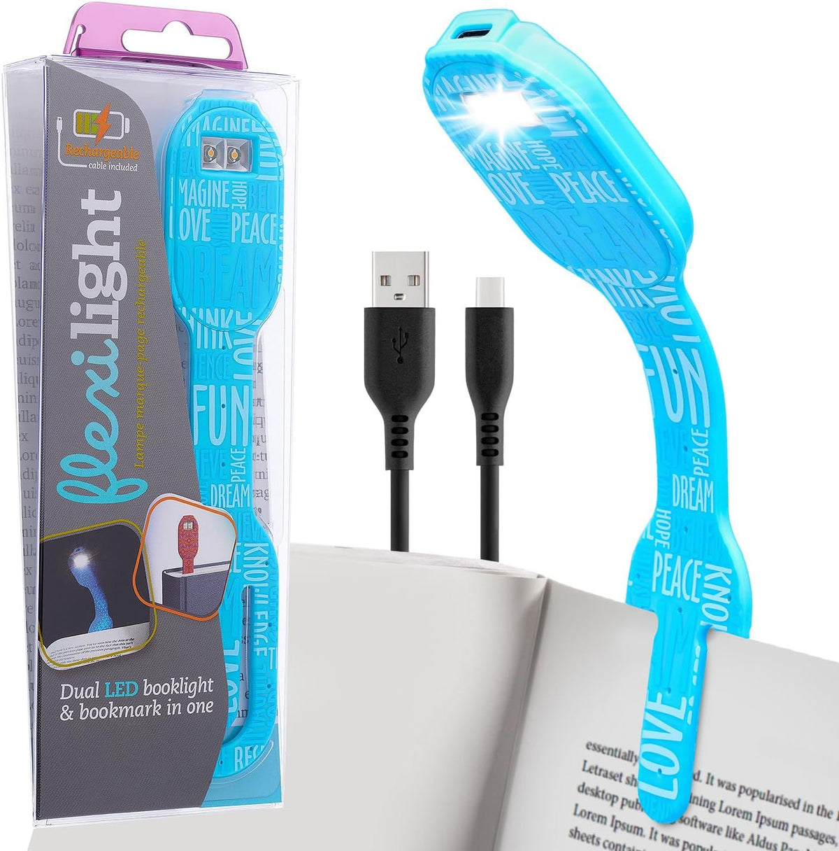 Gifts for Readers & Writers Rechargeable Book Light for Kids, Clip On Reading Light for Bed, 2in1 Flexilight Pals & Bookmark, 12 Hours of Light Once Charged, Includes USB Cable & 2 LED Lights, Dog