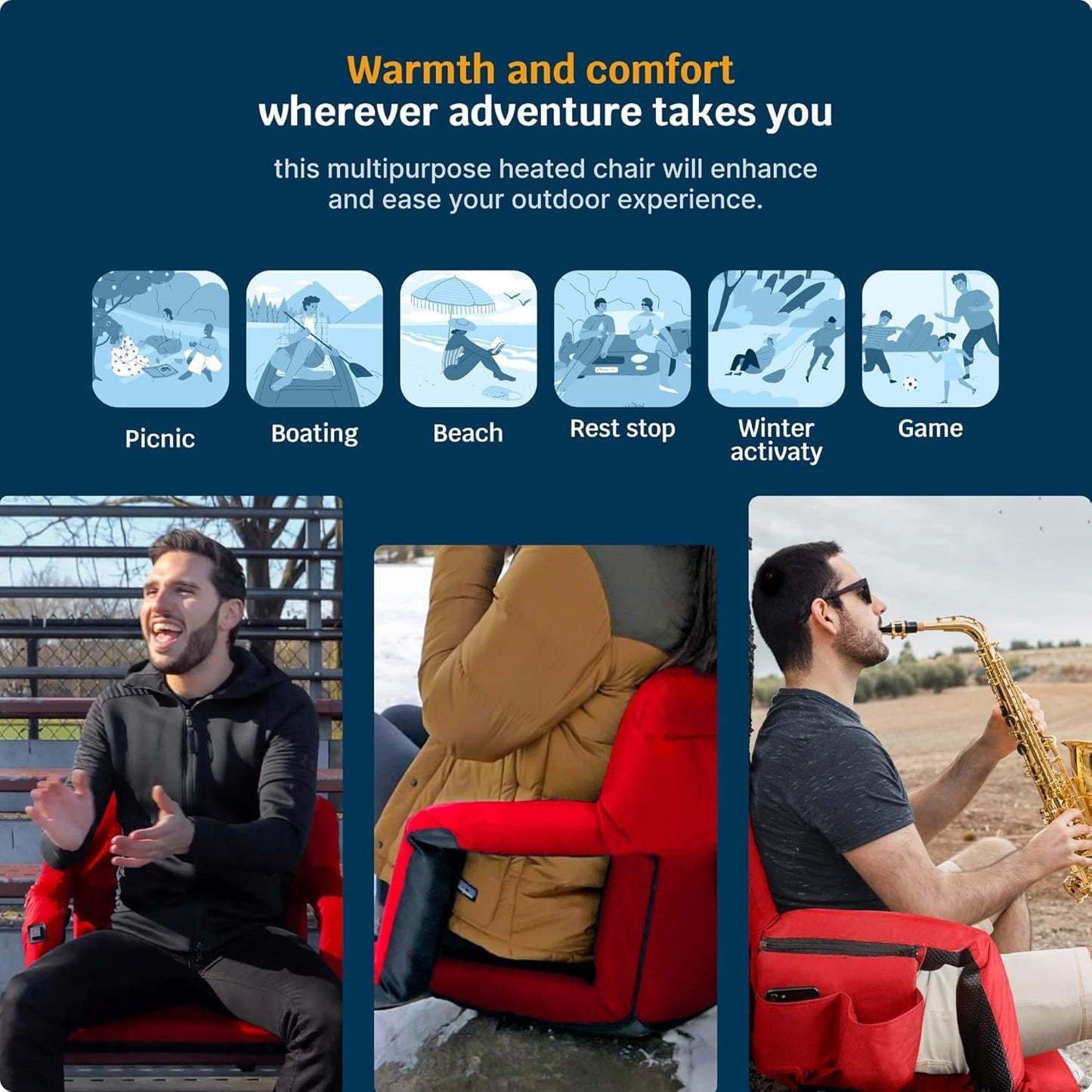 Heated Reclining Stadium Seat for Bleachers – Wide Bleacher Chair with Back Support and Cushion, Armrests, Side Pockets, & Hook – Stadium Seats Chairs for Camping, Kayak, Paddle Board & More