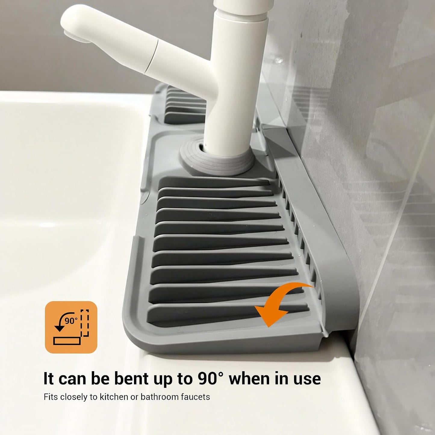 ZJWZLG Faucet Mat for Kitchen Sink, 14"X5.5" Silicone Sink Splash Guard , Snap-On Design & 7°slope Fast Drain, Folding Sink Faucet Mat for Universal Kitchen Bathroom Sink(Grey)