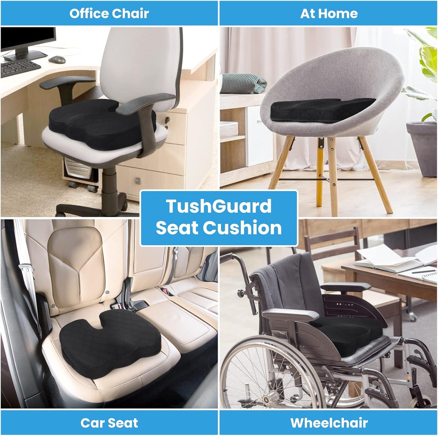 TushGuard Office/ Car Seat Cushion, Non-Slip Sciatica & Back Coccyx Tailbone Pain Relief Chair Pad, Memory Foam Butt Pillow for Computer Desk, Wheelchair, Driving (Black)