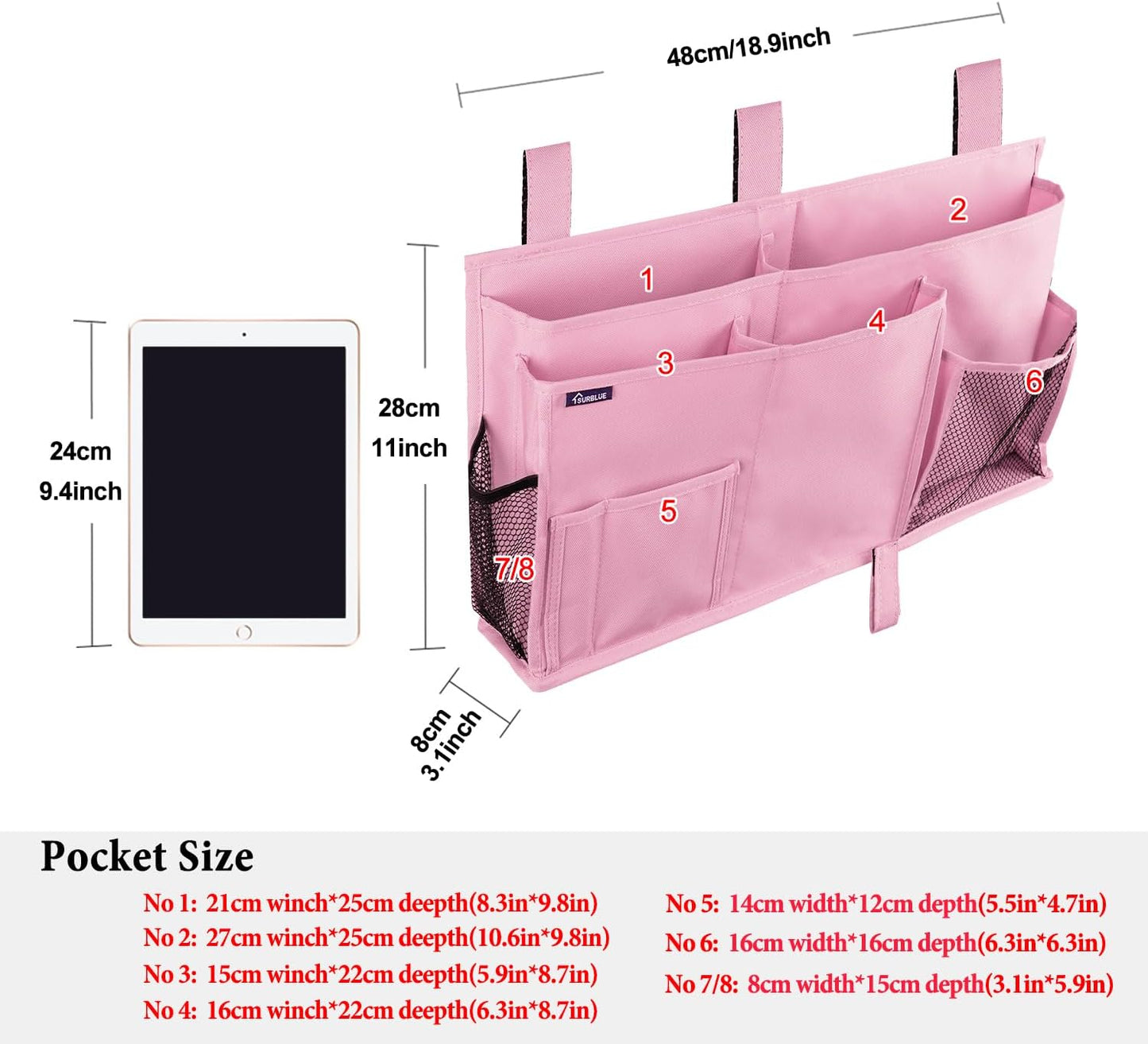 Surblue Bedside Caddy Hanging Organizer Storage Bag Pocket for Bunk, Hospital, College Dorm Rooms, Baby Bed Rails, Camp - 4 Pockets, 2 Hooks (Blue)
