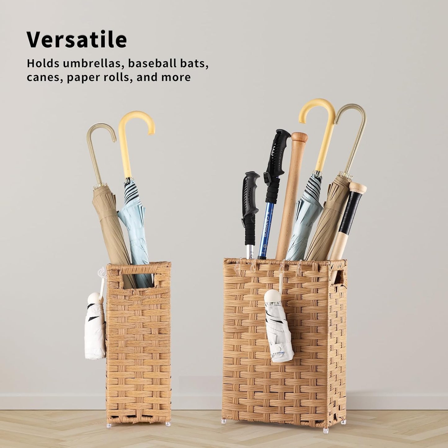 Rattan Umbrella Stand, Umbrella Holder for Entryway, Hand Woven Umbrella Rack Organizer Freestanding, with a Detachable Drip Tray, 4 Hooks, 11.8" L x 5.5" W x 16.5" H, Natural