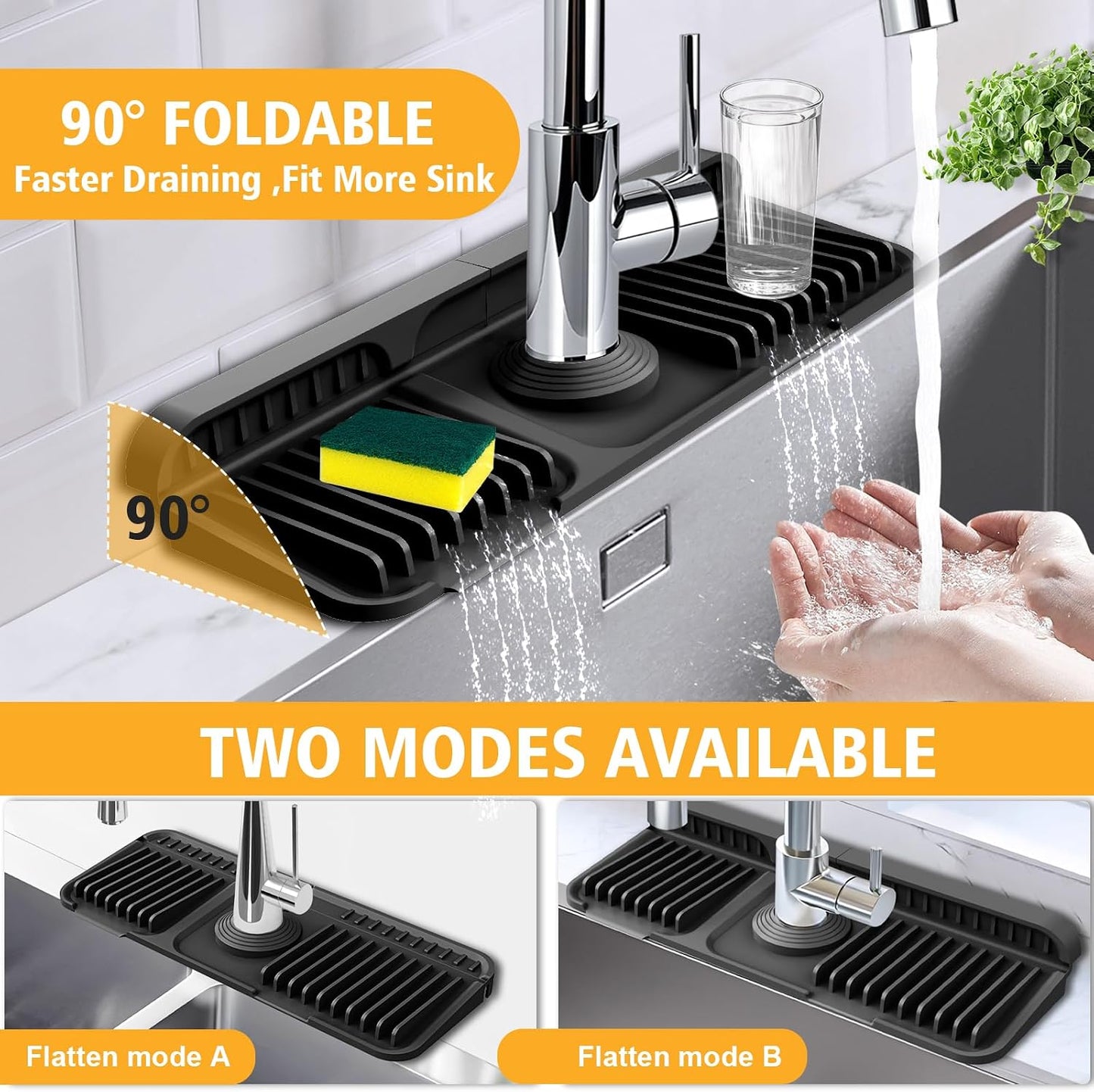 17.7-Inch Kitchen Sink Splash Guard Mat | 7° Slope for Fast Self-Draining | Snap-Lock Design | Universal & Cuttable Silicone Faucet Mat Gray