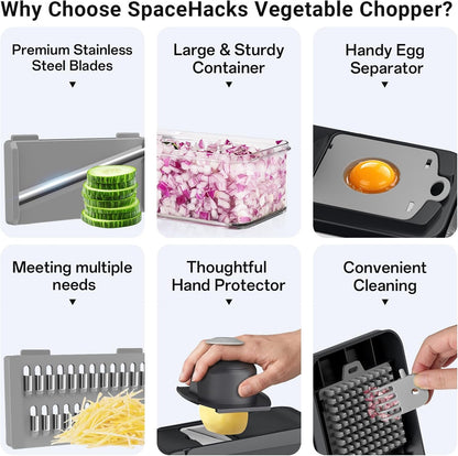 12-in-1 Vegetable Chopper with 7 Blades, Food Veggie Cutter, Green | Includes Egg Separator, Food Container and Finger Guard, Non-slip Base, for Chopping, Slicing, Shredding, and Mincing