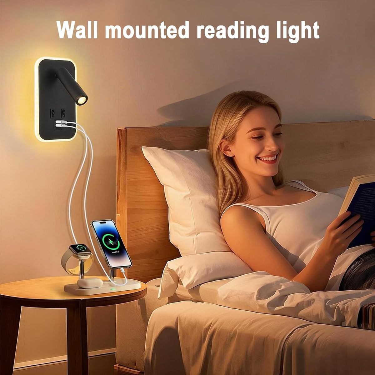 Wall Sconce Plug in with Wall Mounted Reading Lights,Modern Wall Lamp for Bedroom with Charging Station USB C+A Ports,Headboard Bedside Lamps with 3W+9W Night Light,3 Color Temperature