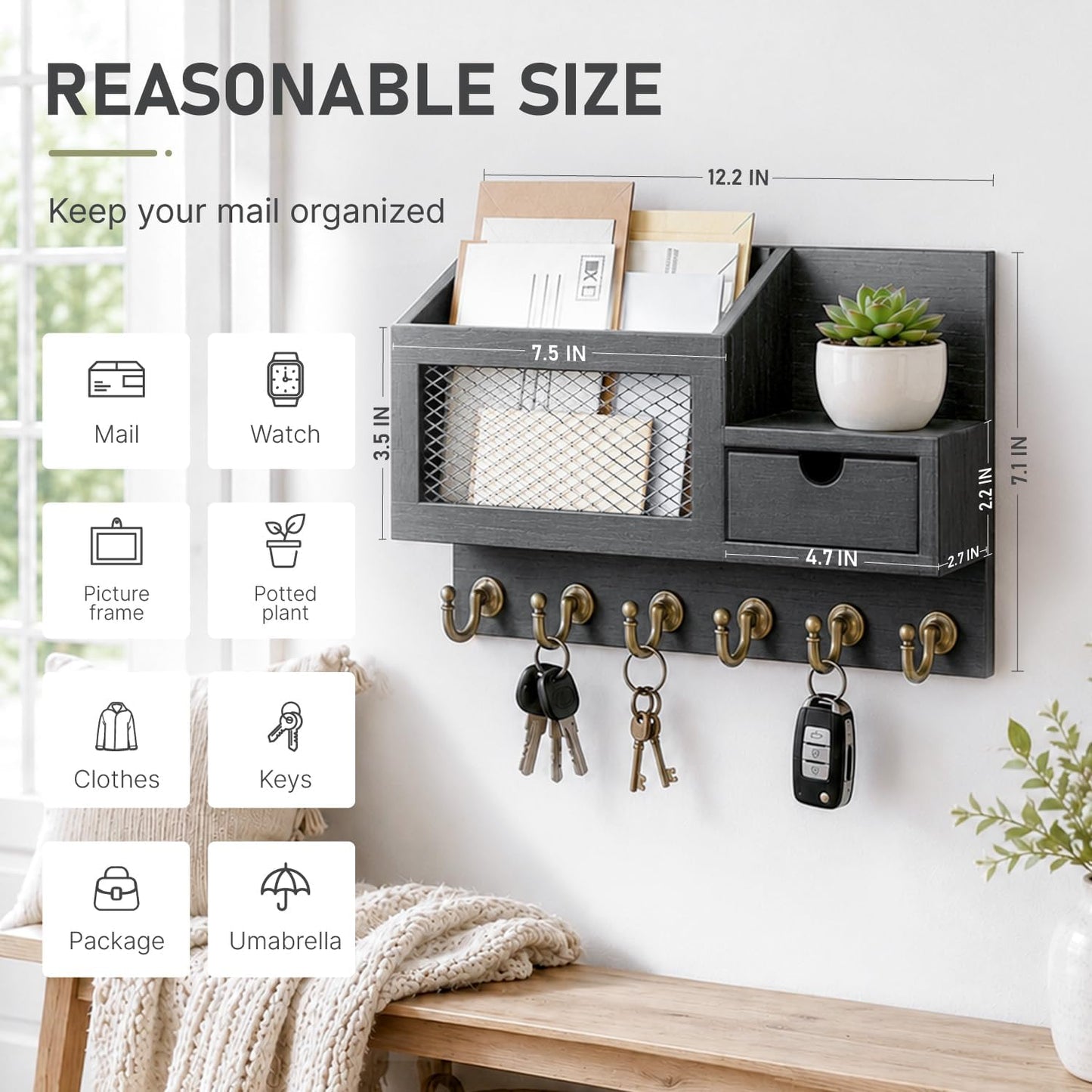 FifthQuarter Key and Mail Holder Wall Mount with Drawer and 6 Sturdy Hooks | Cute Rustic Farmhouse Wooden Key Hanger, Reliable Entryway Organizer for Keys and Daily Essential, Easy Installation, A-White