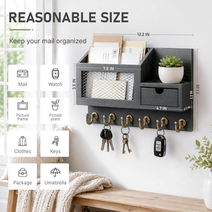 FifthQuarter Key and Mail Holder Wall Mount with Drawer and 6 Sturdy Hooks | Cute Rustic Farmhouse Wooden Key Hanger, Reliable Entryway Organizer for Keys and Daily Essential, Easy Installation, A-White