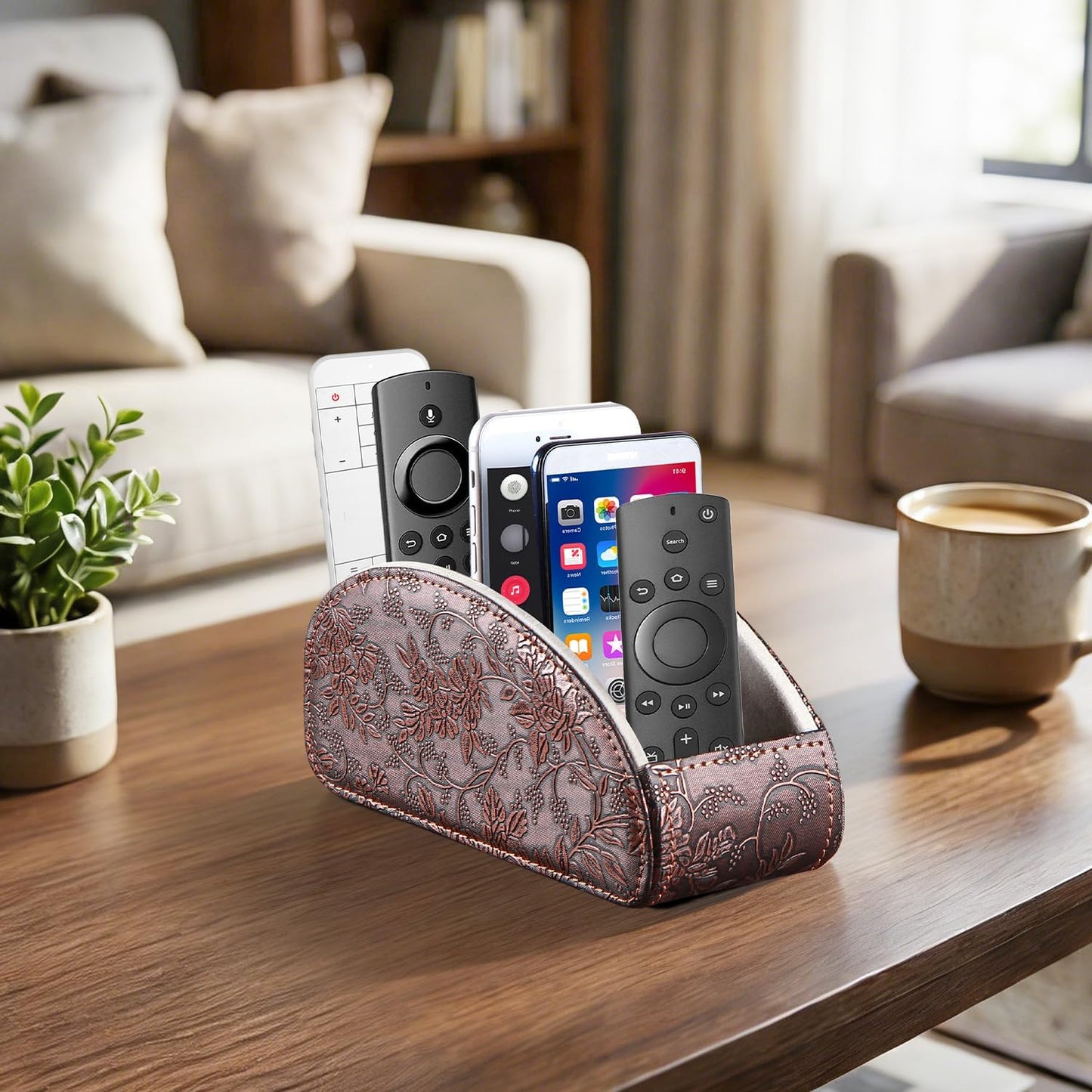 Pu Leather TV Remote Control Holder with 5 Compartments,Remote Caddy/Tray | Bedside Table Desk Storage Box/Organizer for Pen,DVD,Blu-Ray,Media Player,Heater Controller,Cosmetics,Glasses,Office Supplies