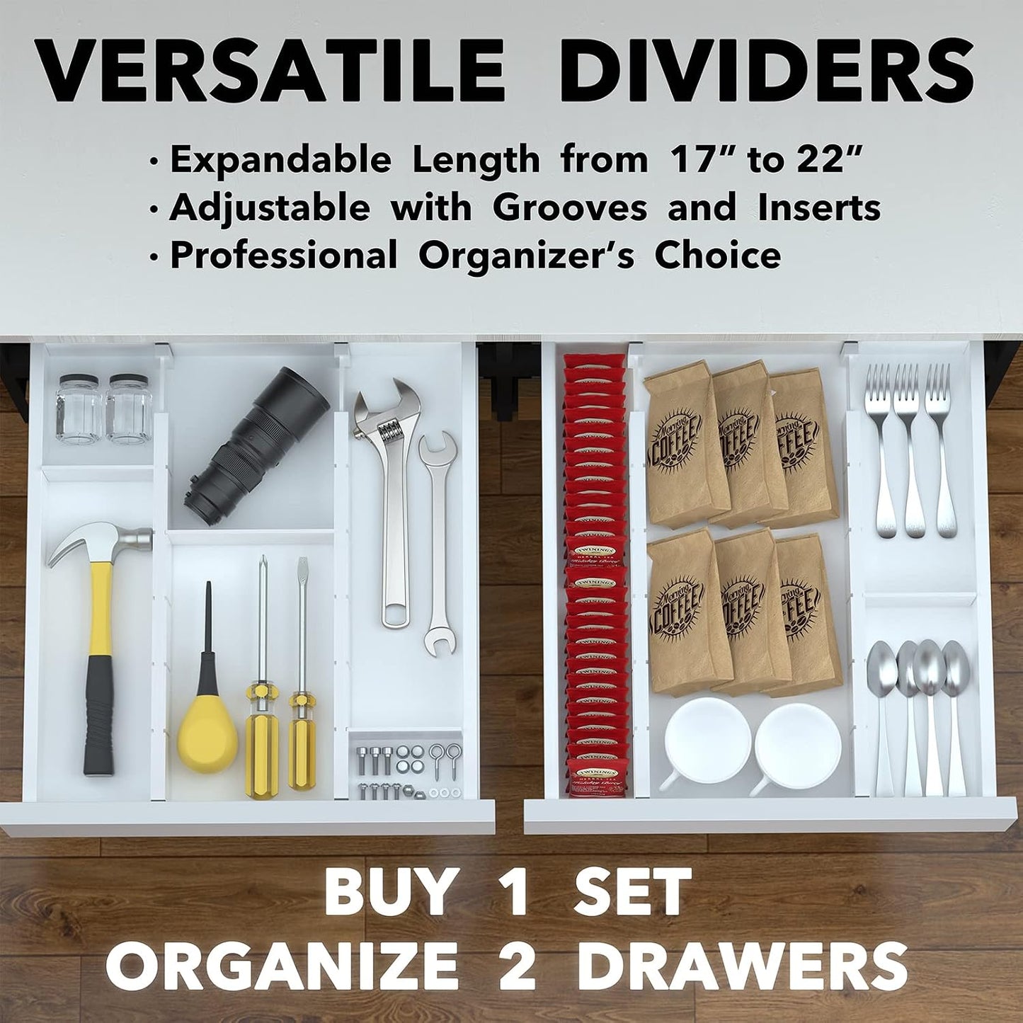 SpaceAid Bamboo Drawer Dividers with Inserts and Labels, Kitchen Adjustable Drawer Organizers, Expandable Organization for Home, Office, Dressers, 4 Dividers with 9 Inserts (17"-22" Natural)