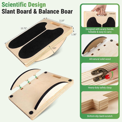 Wooden Slant Board, 2-in-1 Adjustable Calf Stretcher, 300lb | 180° Adjustable,6 Angle,withTraining Poster,Portable Incline Board,Physical Therapy,Ankle Stretching
