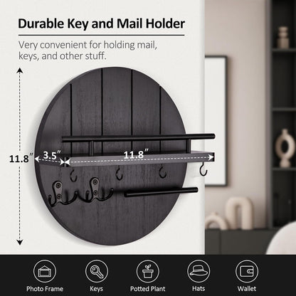 Nekon Key Holder Wall Mount, 11.8” Wood Mail Organizer for Wall, Brown | Round Wall Shelf with 6 Key Hooks, Rustic Key and Mail Holder, Key Hanger for Entryway Hallway Kitchen