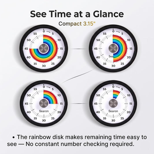 Searon Magnetic Visual Timer, 60‑Minute Rainbow Countdown Dial (Black)