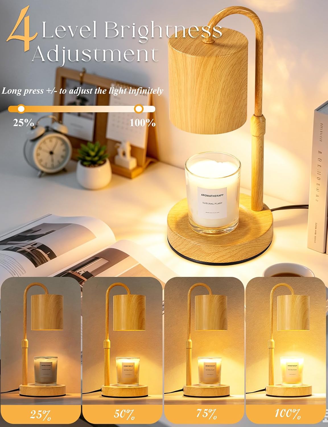 Briever Dimmable Candle Warmer Lamp with Timer, Height Adjustable Electric Candle Wax Warmer, Christmas Birthday Gifts for Women Mom, House Warming Gifts New Home Room Decor, Black Solid Wood Base