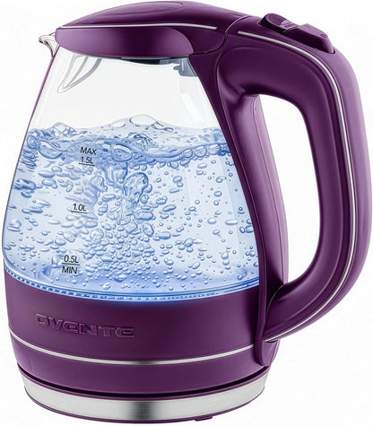 OVENTE 1.5L Glass Electric Kettle Water Boiler, Black KG83B | 1100W Fast Boiling, Borosilicate Glass, BPA-Free, Blue LED, Auto Shut-Off, Boil-Dry Protection, Removable Filter, 360° Base