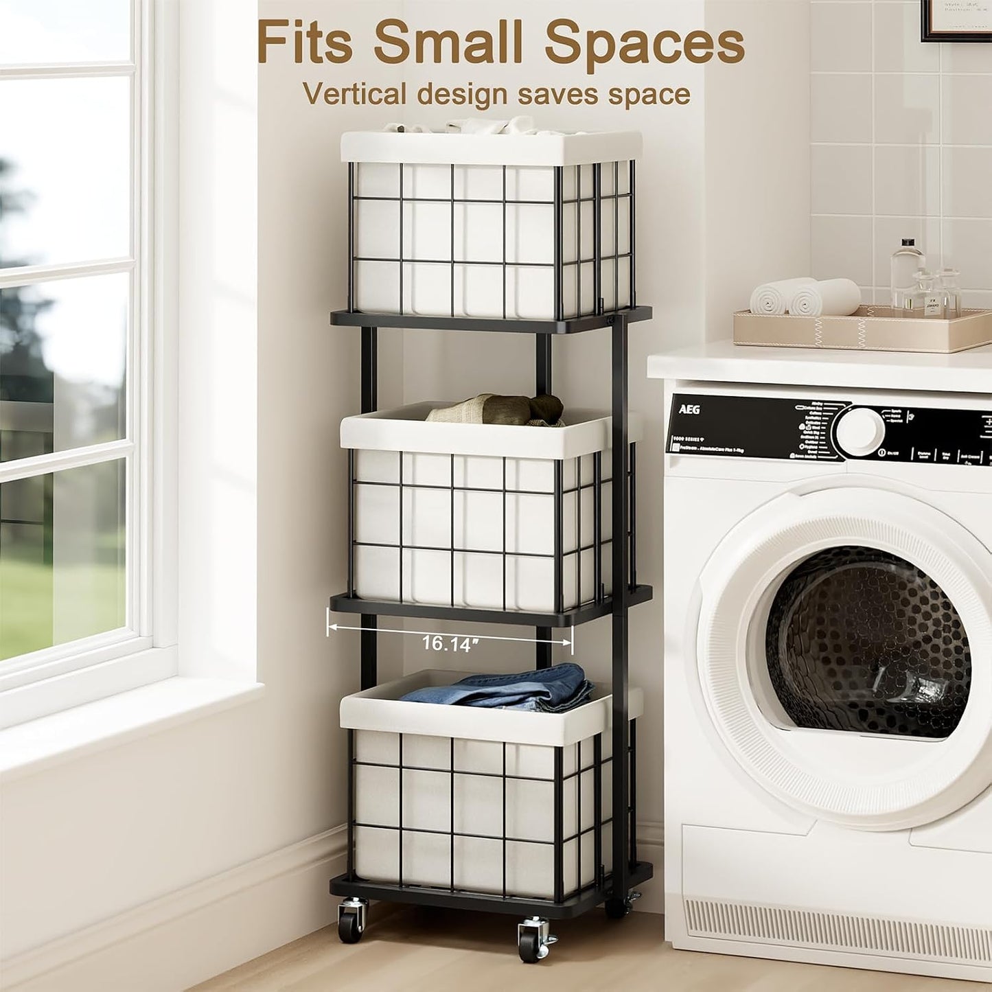120L Vertical Laundry Sorter,3 Tier Metal Rolling Laundry Basket | Slim Tall Laundry Hamper 3 Section with wheels and 3 Removable Bags for Small Spaces, Dorm, Bathroom, Laundry Room, White