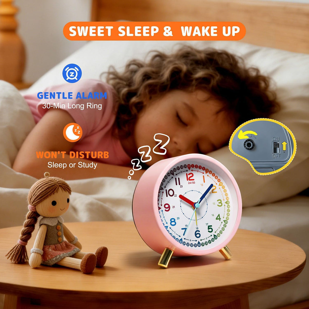 Kids Alarm Clock, Silent Non-Ticking, Analog Learning Clock for School Beginners, Stylish Round Metal Clock, Easy to Read, Battery Operated, Loud Ringing Back to School Gifts