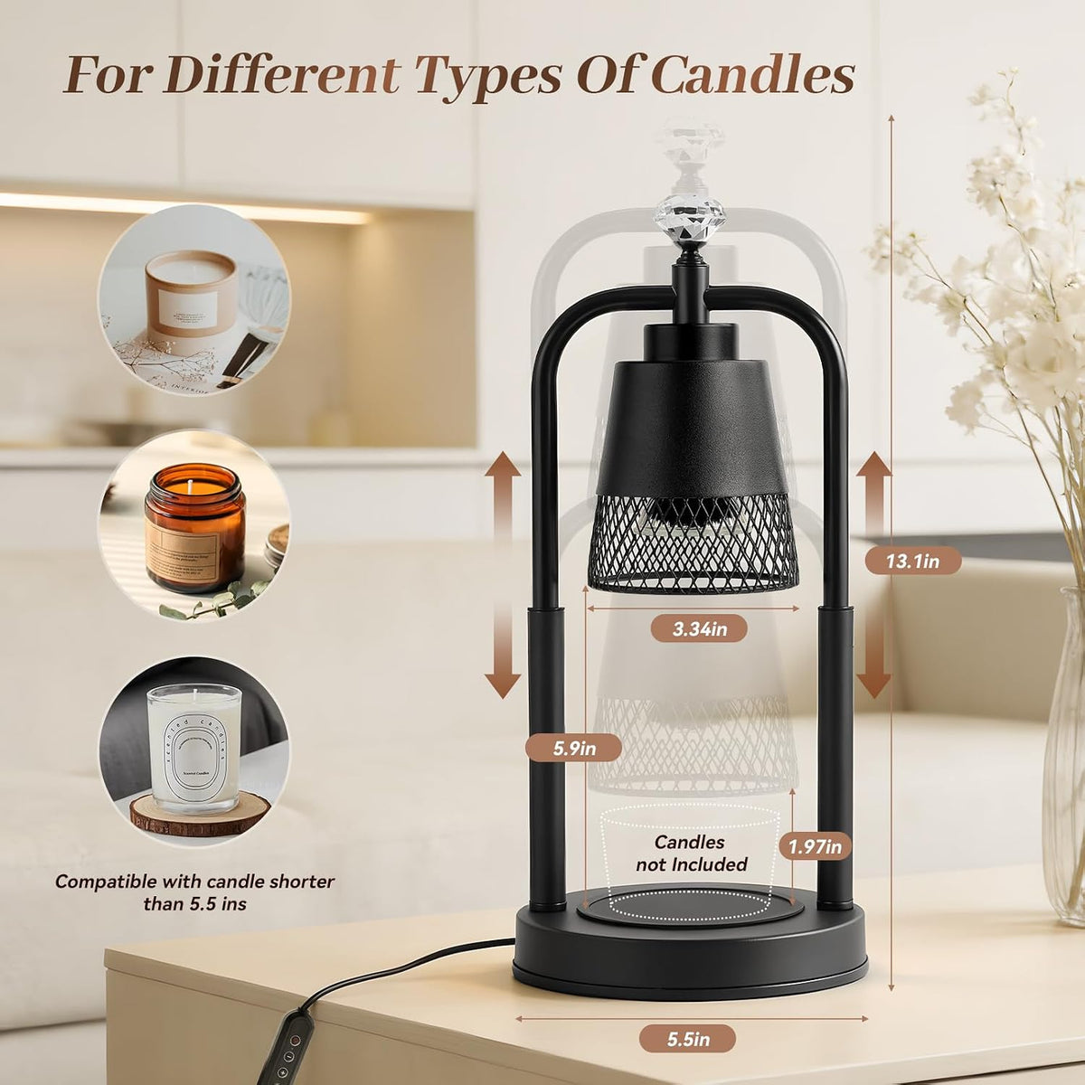 Table Lamp Candle Warmer Flameless 2.5- 6.5in Height Adjustable Timer Dimmer Wax Melt Warmer Lamp for Large 3 Wicks Jar Candles Modern Bedside Lamp for Mothers Day House Warming Home Decor Living Room