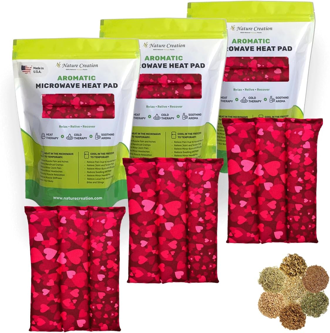 Nature Creation Microwaveable Herbal Heating Pad for Lumbar - Soothing Hot & Cold Therapy Pack for Lower Back- Soothing Relaxation, Warmth and Comfort - Happy Hearts